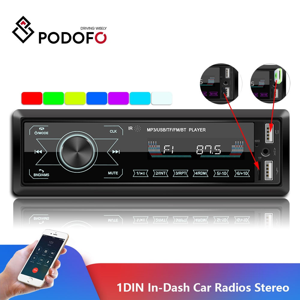 Podofo autoradio 12V 1din Car Radio Bluetooth Car stereo In-Dash MP3 Player Phone AUX-IN FM/USB/Radio Remote Control Car Audio